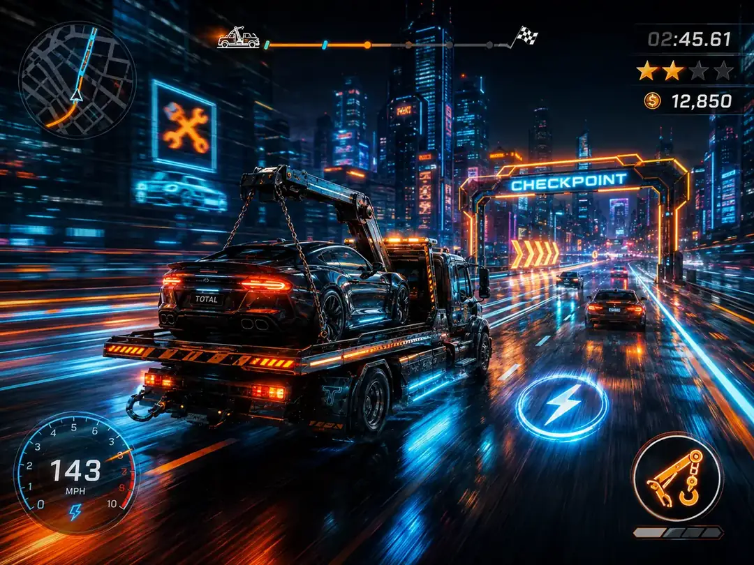 Stylized gameplay interface with a tow truck and checkpoint route