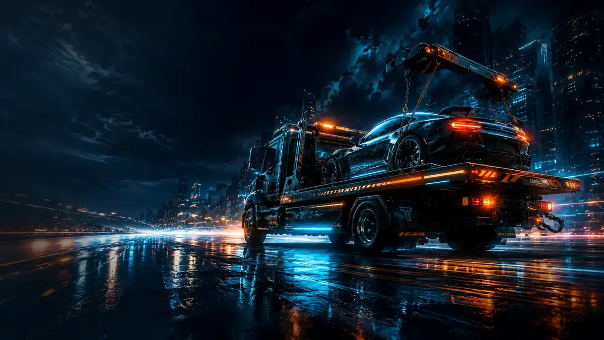 Wide neon artwork showing the towing game world