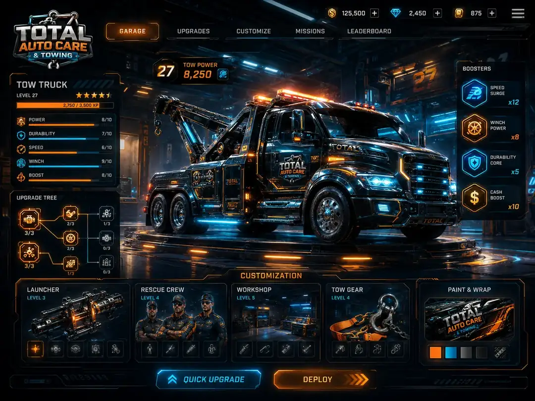 Garage upgrade and customization interface for the tow truck