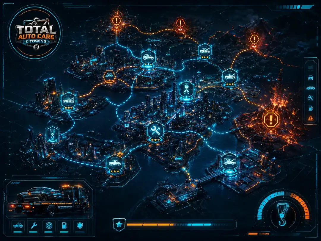 Mission map with connected districts and neon route nodes